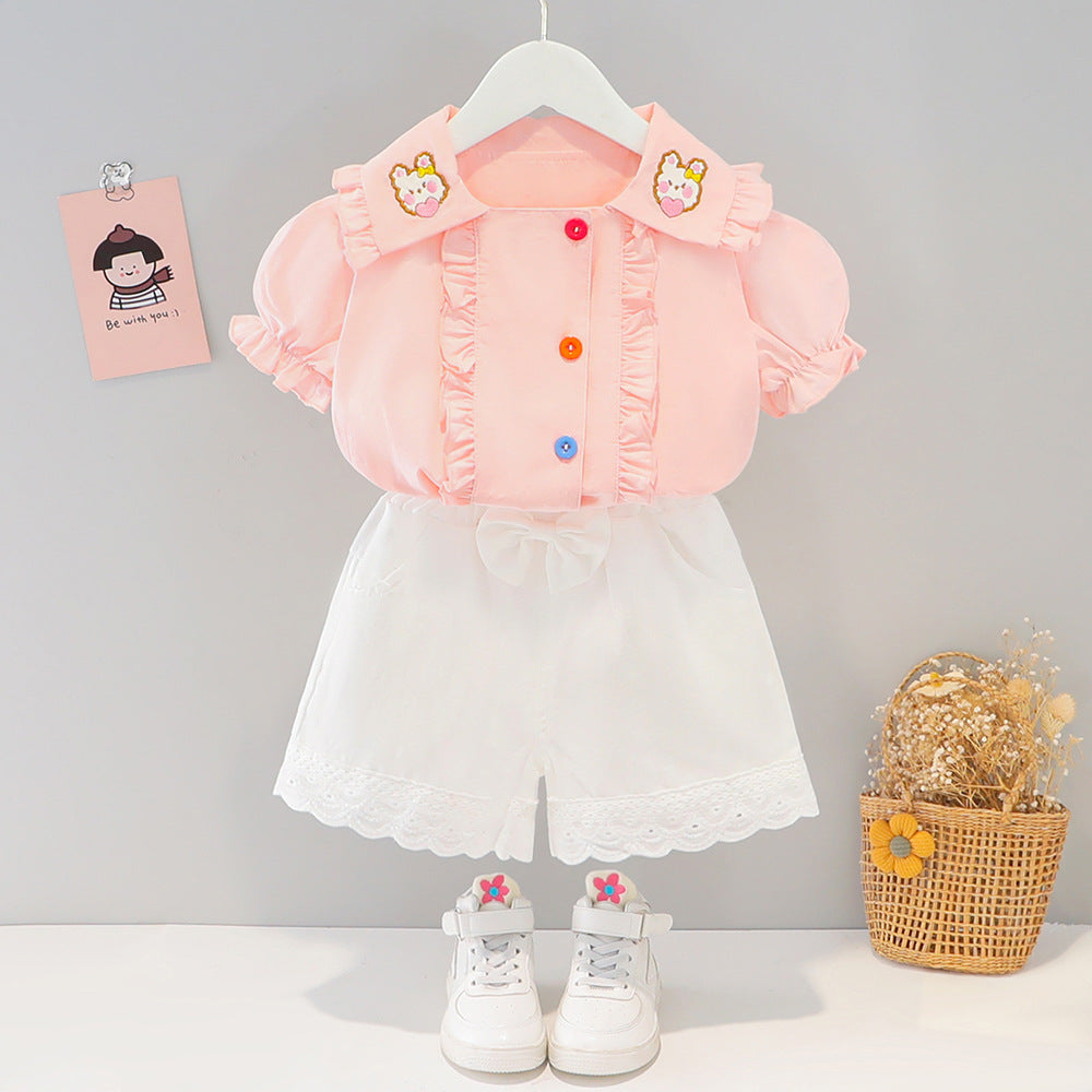 [340251] - Setelan Blouse Kancing Bordir Celana Pendek Anak Perempuan - Motif Fluffy Rabbit