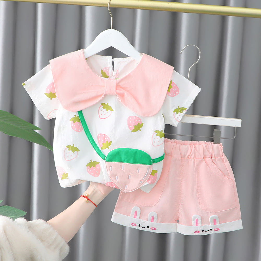 [340255] - Setelan 3D Kaos Import Celana Pendek Anak Perempuan - Motif Cute Strawberry