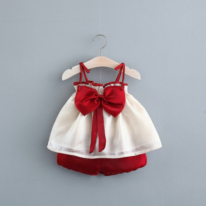[340256] - Setelan Blouse Kutung Celana Pendek Anak Perempuan - Motif Plain Ribbon