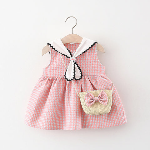 [340262] - Dress Lengan Kutung Kotak-kotak Anak Perempuan - Motif Tie Lace