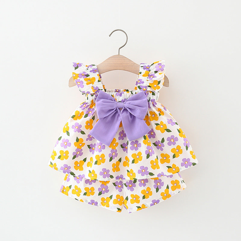 [340273] - Setelan Dress Pantai Lengan Kutung Anak Perempuan - Motif Ribbon Flowers