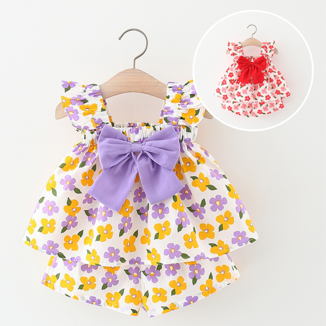[340273] - Setelan Dress Pantai Lengan Kutung Anak Perempuan - Motif Ribbon Flowers