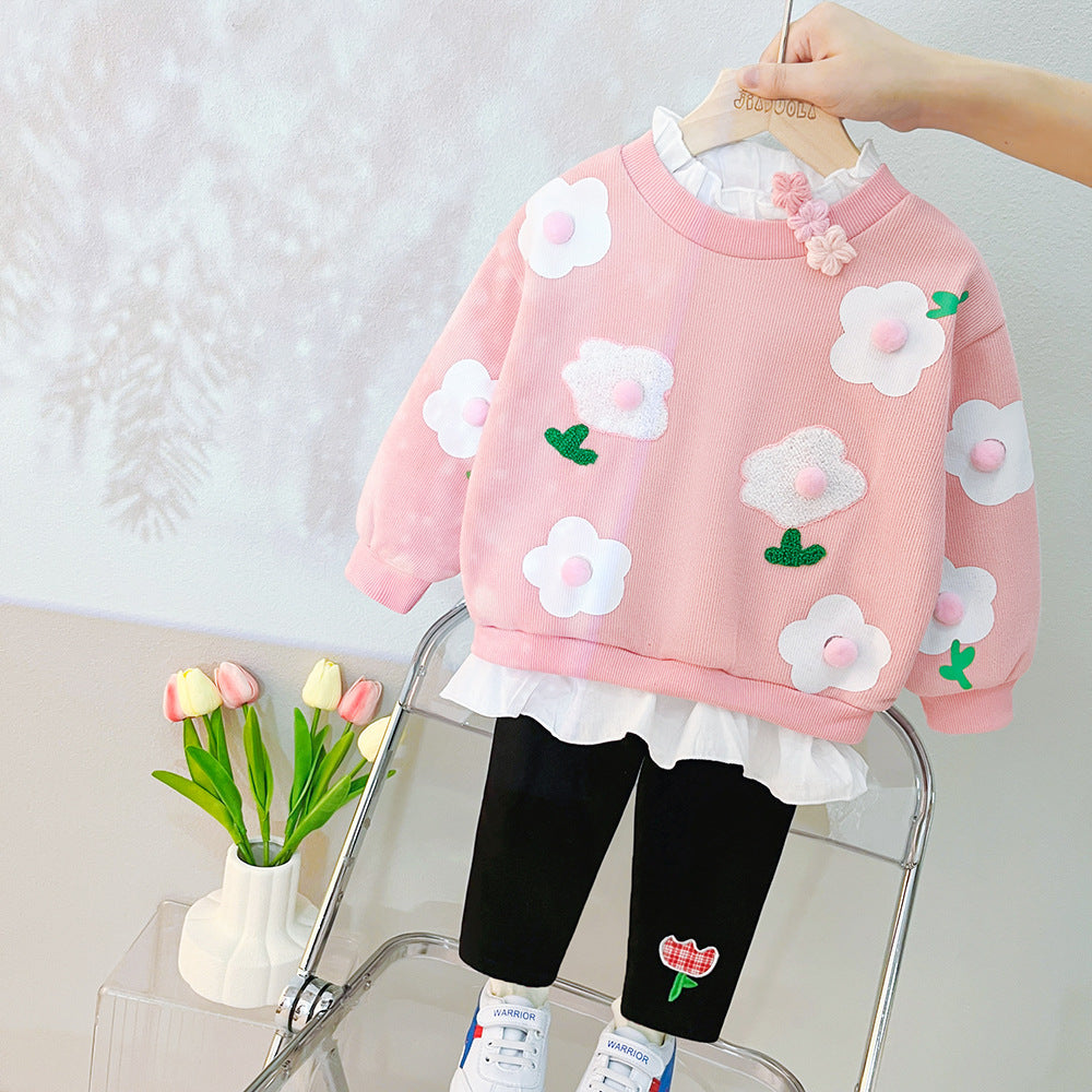 [340276] - Setelan Sweater Pompom Bordir Celana Panjang Anak Perempuan - Motif Egg Flower