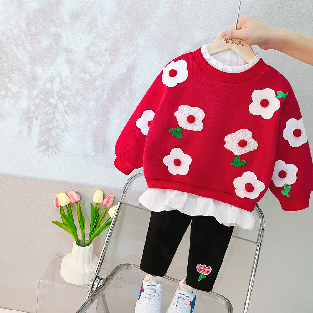 [340276] - Setelan Sweater Pompom Bordir Celana Panjang Anak Perempuan - Motif Egg Flower