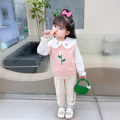 [340281] - Setelan Blouse 3 in 1 Celana Panjang Jogger Import Anak Perempuan - Motif Flower Leaf
