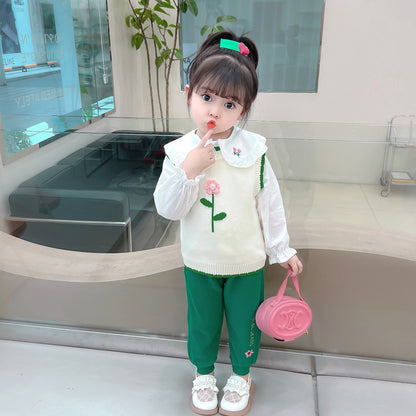 [340281] - Setelan Blouse 3 in 1 Celana Panjang Jogger Anak Perempuan - Motif Flower Leaf