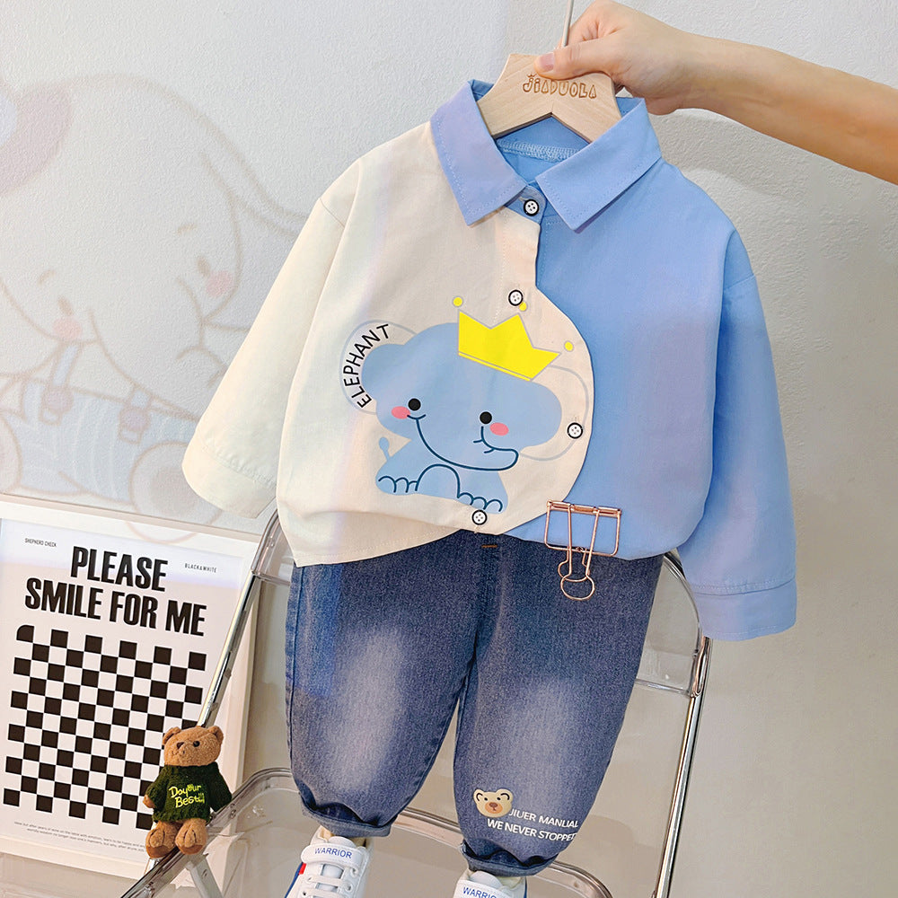 [340286] - Setelan Kemeja Celana Panjang Jeans Anak Cowok - Motif Elephant King