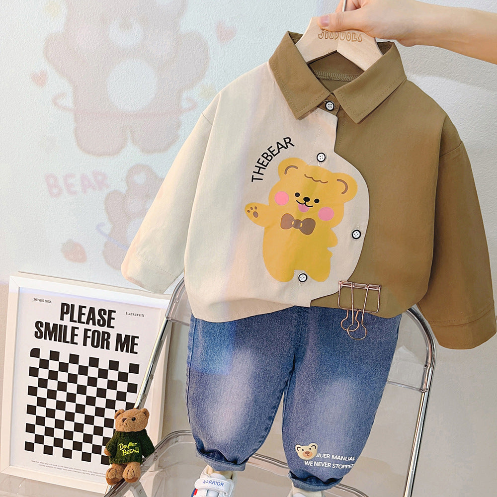 [340288] - Setelan Kemeja Celana Panjang Jeans Anak Cewek - Motif Fat Bear