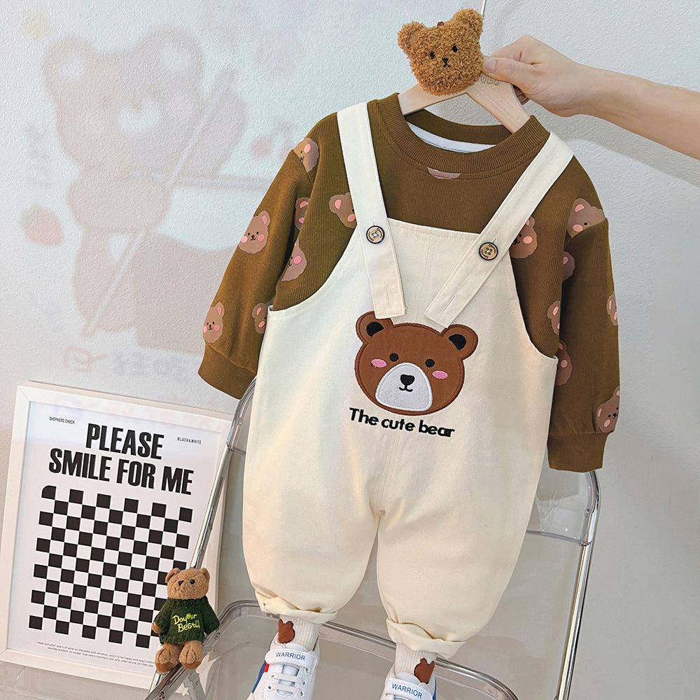 [340289] - Setelan Sweater Bawahan Overall Kodok Import Anak Cewek - Motif Cute Bear