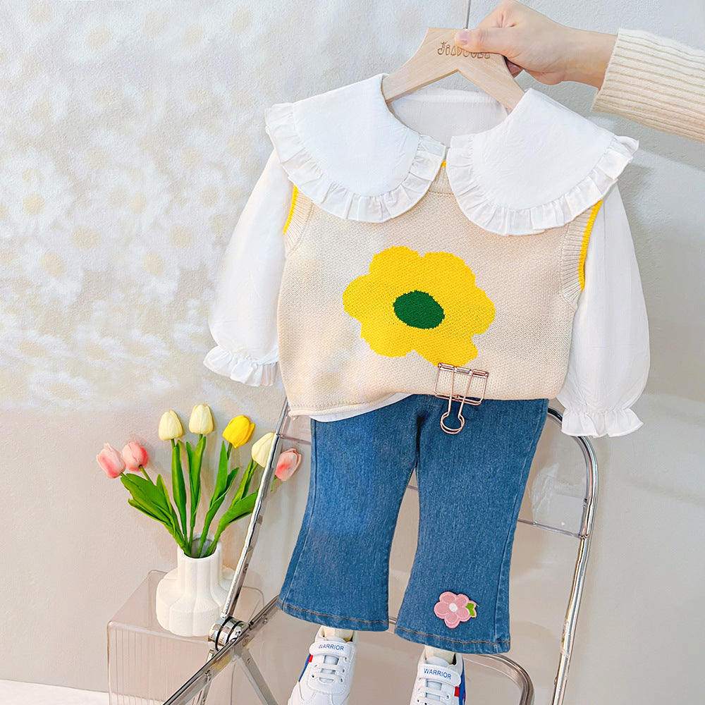 [340295] - Setelan 3 in 1 Sweater Blouse Celana Jeans Cutbray Anak Cewek - Motif Flower Petal