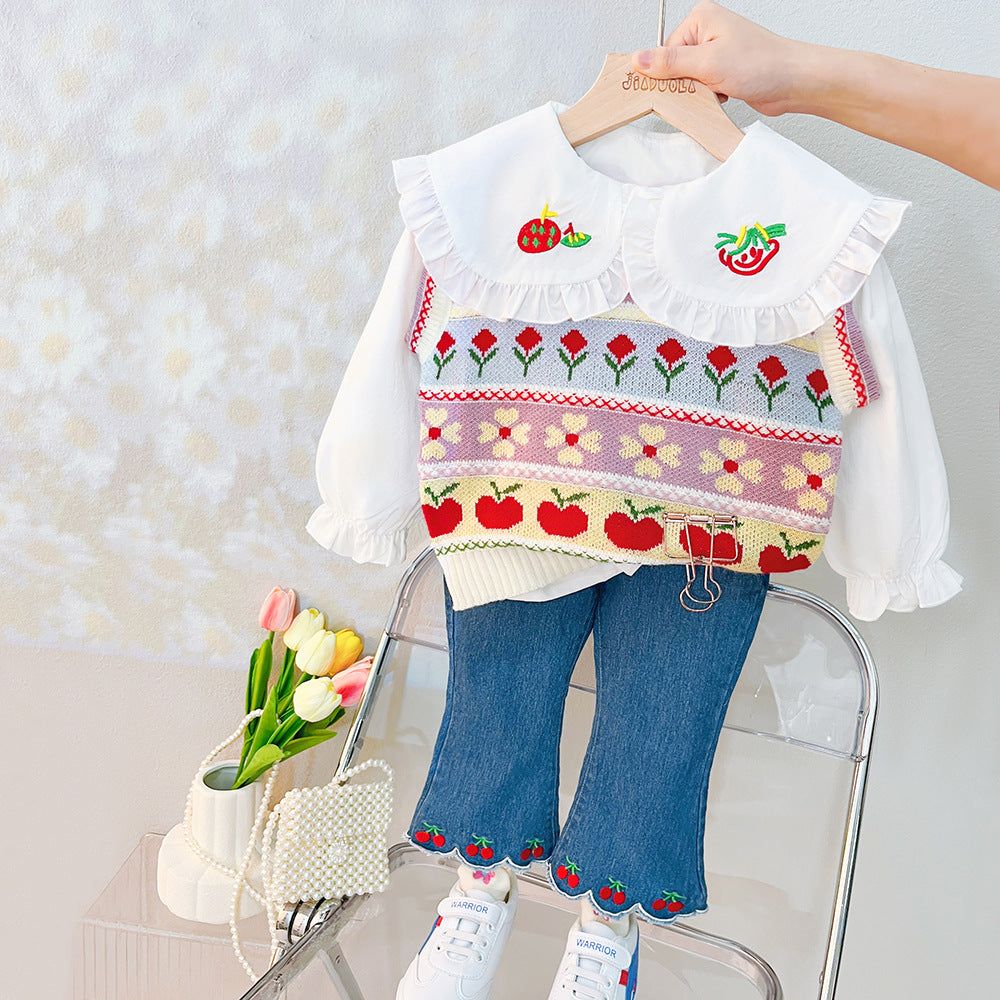 [340296] - Setelan 3 in 1 Sweater Blouse Celana Jeans Cutbray Anak Cewek - Motif Fruit Flower