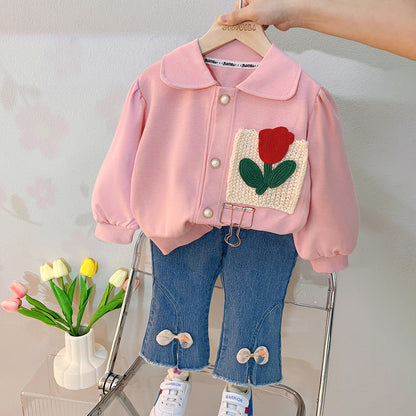 [340297] - Setelan Jaket Sweater Cardigan Celana Jeans Rawis Anak Cewek - Motif Pocket Flower