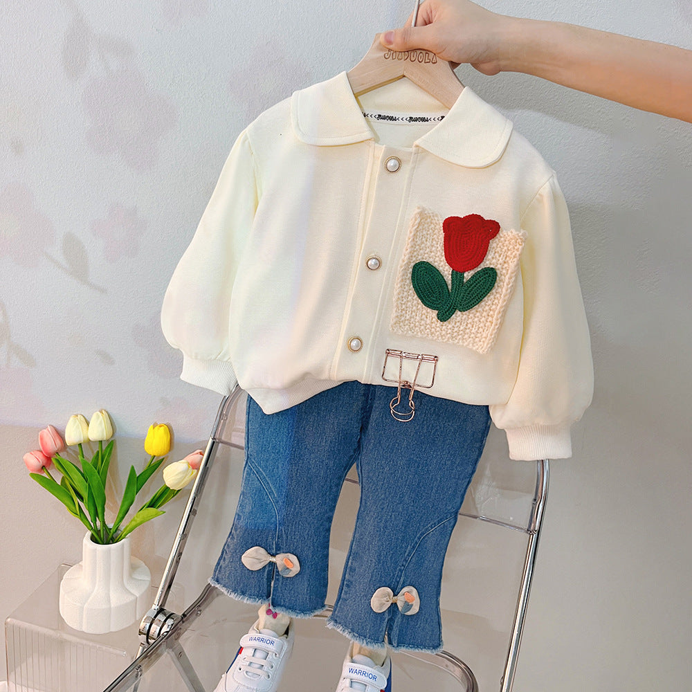 [340297] - Setelan Jaket Sweater Cardigan Celana Jeans Rawis Anak Cewek - Motif Pocket Flower