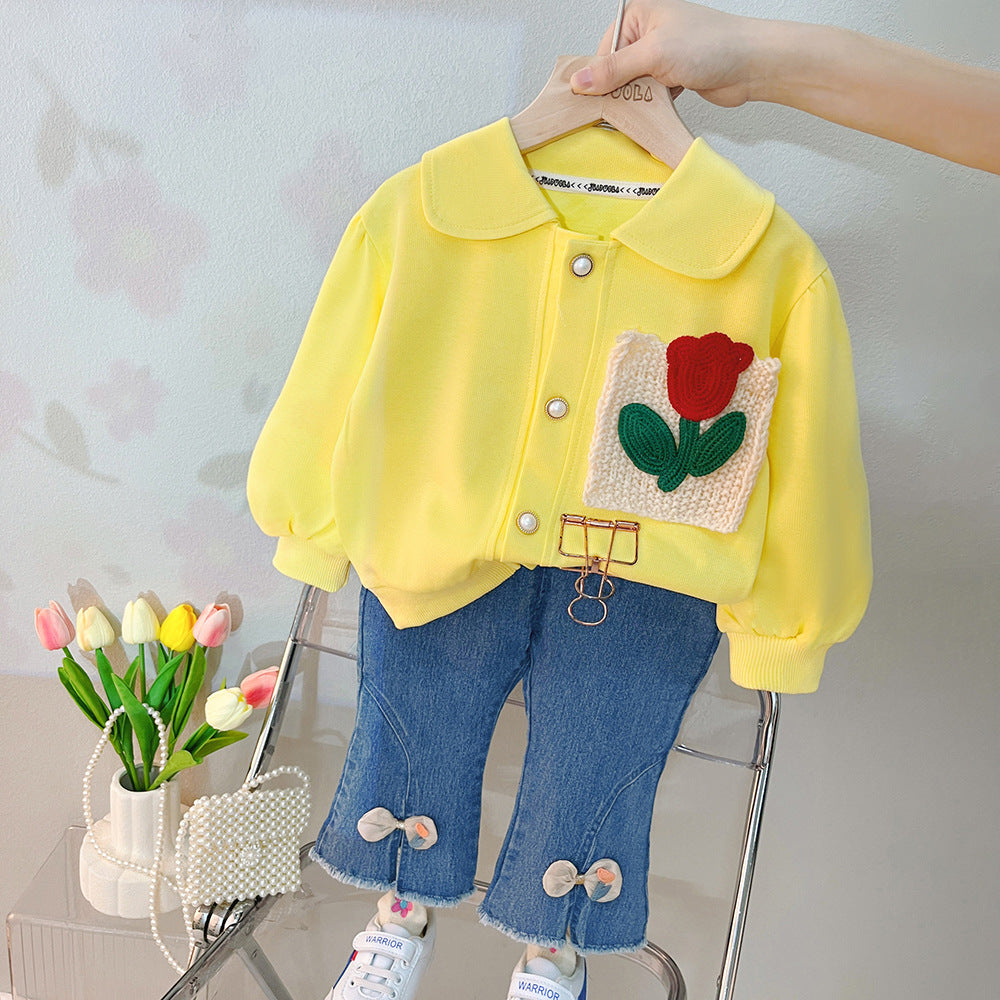 [340297] - Setelan Jaket Sweater Cardigan Celana Jeans Rawis Anak Cewek - Motif Pocket Flower