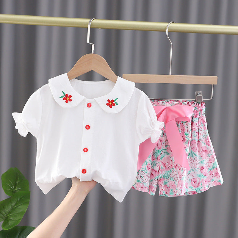 [340303] - Setelan Blouse Celana Pendek Pita Anak Cewek - Motif Collar Flower