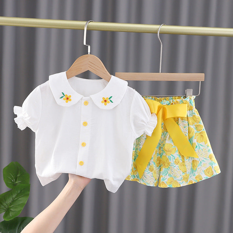 [340303] - Setelan Blouse Celana Pendek Pita Anak Cewek - Motif Collar Flower