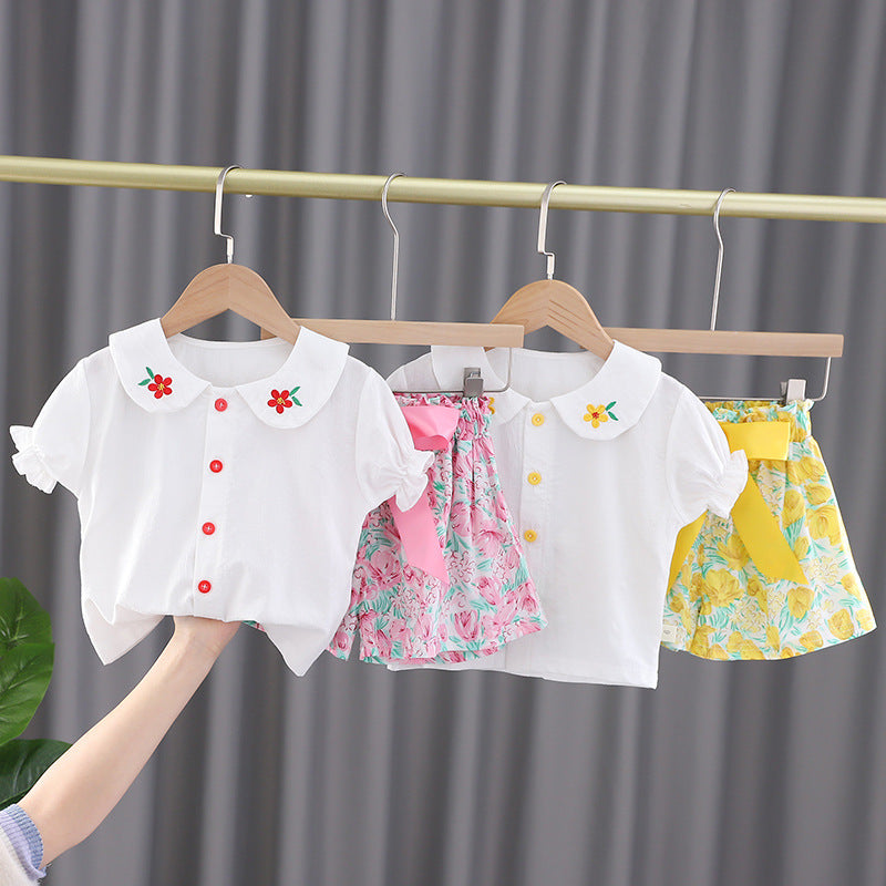 [340303] - Setelan Blouse Celana Pendek Pita Anak Cewek - Motif Collar Flower