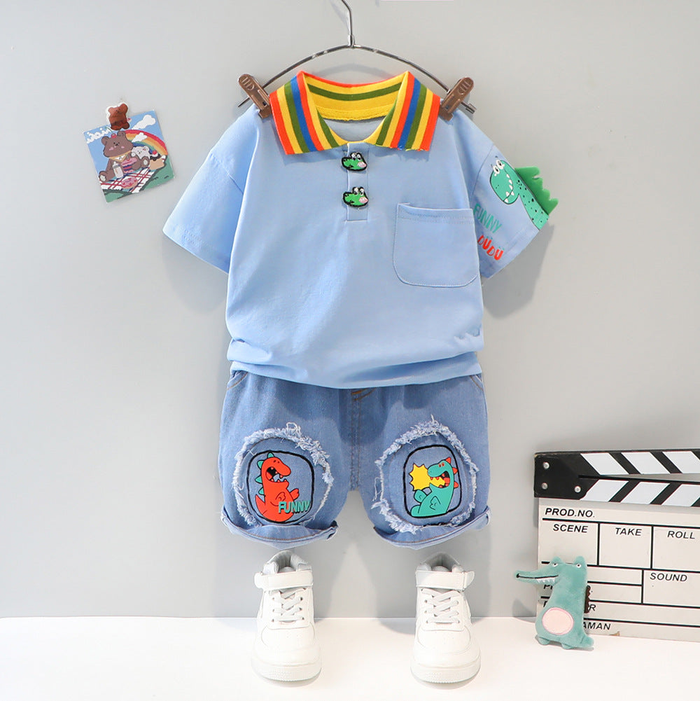 [340305] - Setelan 3D Kaos Polo Kerah Celana Jeans Anak Cowok - Motif Rainbow Dinos