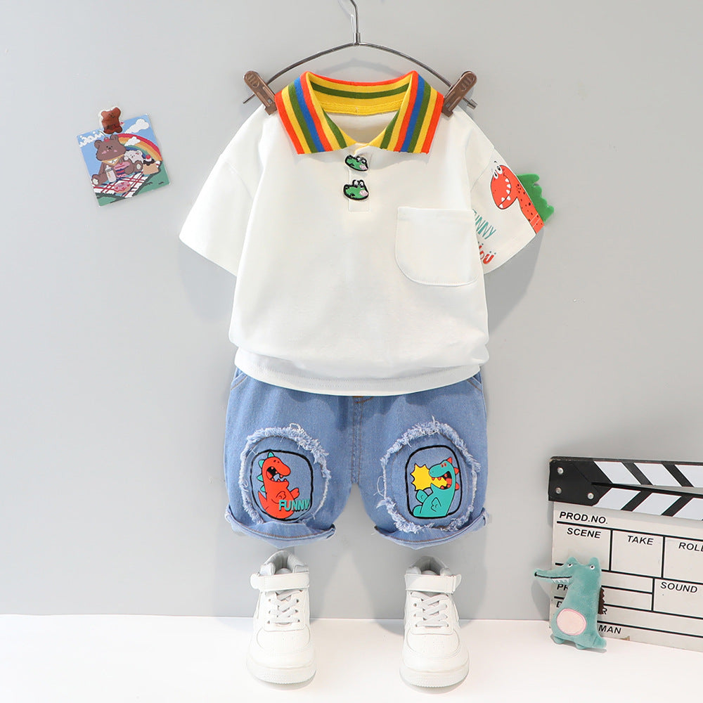 [340305] - Setelan 3D Kaos Polo Kerah Celana Jeans Anak Cowok - Motif Rainbow Dinos