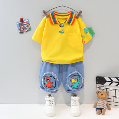 [340305] - Setelan 3D Kaos Polo Kerah Celana Jeans Anak Cowok - Motif Rainbow Dinos