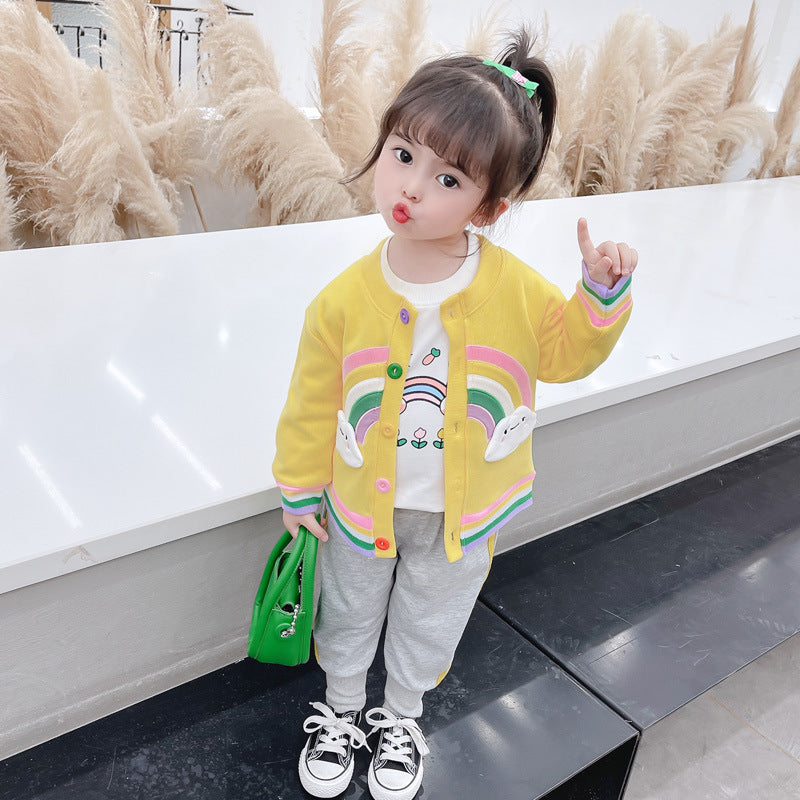 [340309] - Setelan 3 in 1 Jaket Cardigan Celana Jogger Anak Cewek - Motif Rainbow