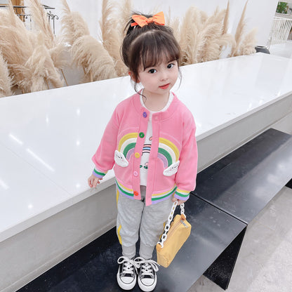 [340309] - Setelan 3 in 1 Jaket Cardigan Celana Jogger Anak Cewek - Motif Rainbow