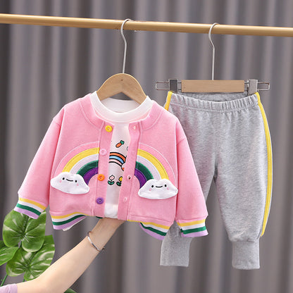 [340309] - Setelan 3 in 1 Jaket Cardigan Celana Jogger Anak Cewek - Motif Rainbow