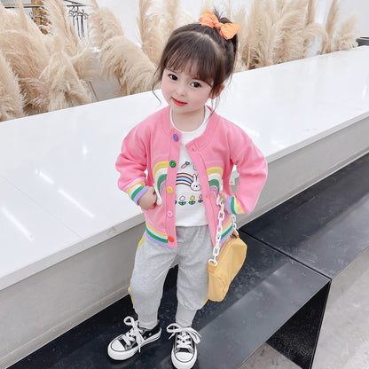 [340309] - Setelan 3 in 1 Jaket Cardigan Celana Jogger Anak Cewek - Motif Rainbow