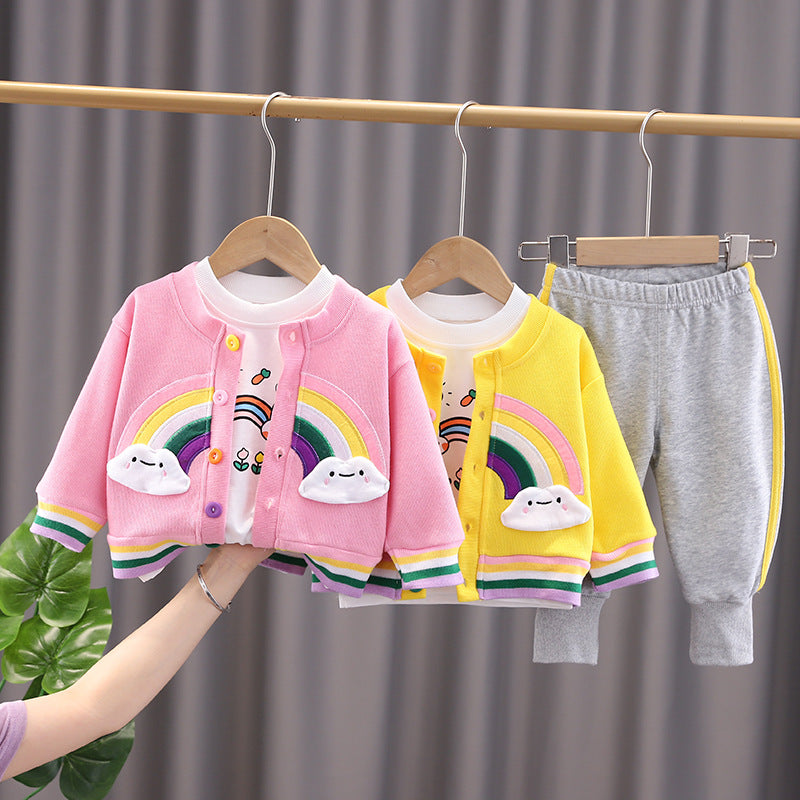 [340309] - Setelan 3 in 1 Jaket Cardigan Celana Jogger Anak Cewek - Motif Rainbow