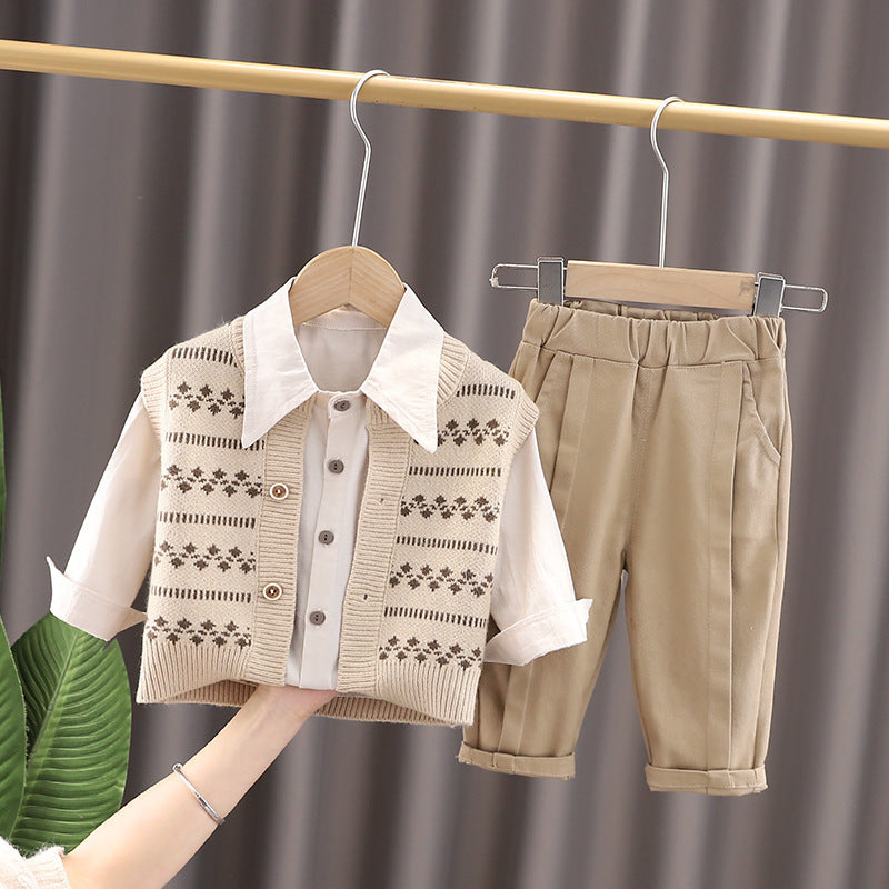 [340316] - Setelan 3 in 1 Kemeja Jaket Cardigan Celana Chino Anak Laki-Laki - Motif Pattern