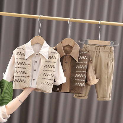 [340316] - Setelan 3 in 1 Kemeja Jaket Cardigan Celana Chino Import Anak Laki-Laki - Motif Pattern