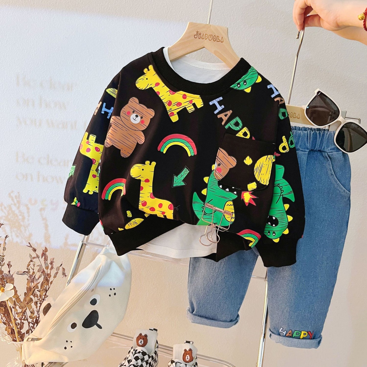 [340317] - Setelan Sweater Crewneck Celana Jeans Anak Cowok - Motif Various Animals