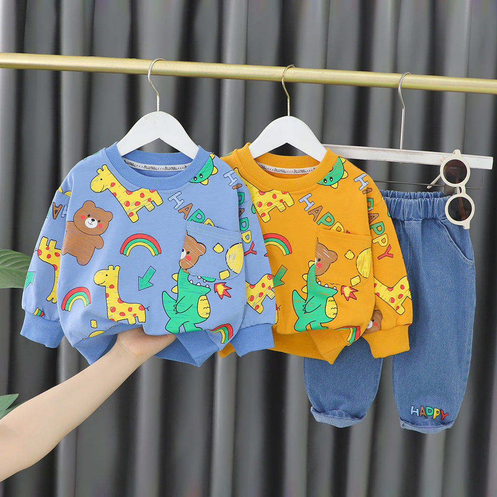 [340317] - Setelan Sweater Crewneck Celana Jeans Anak Cowok - Motif Various Animals