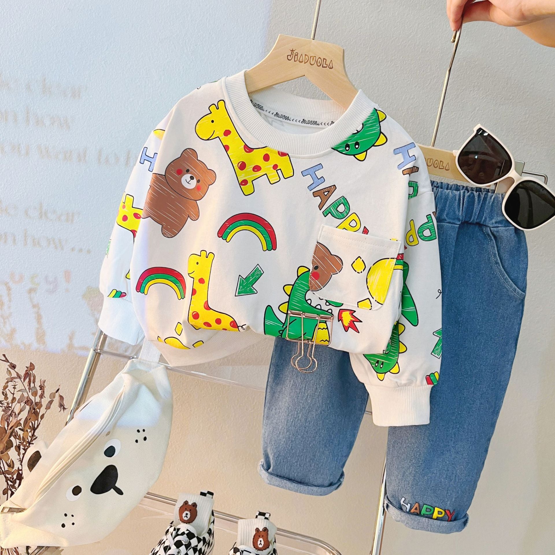 [340317] - Setelan Sweater Crewneck Celana Jeans Anak Cowok - Motif Various Animals