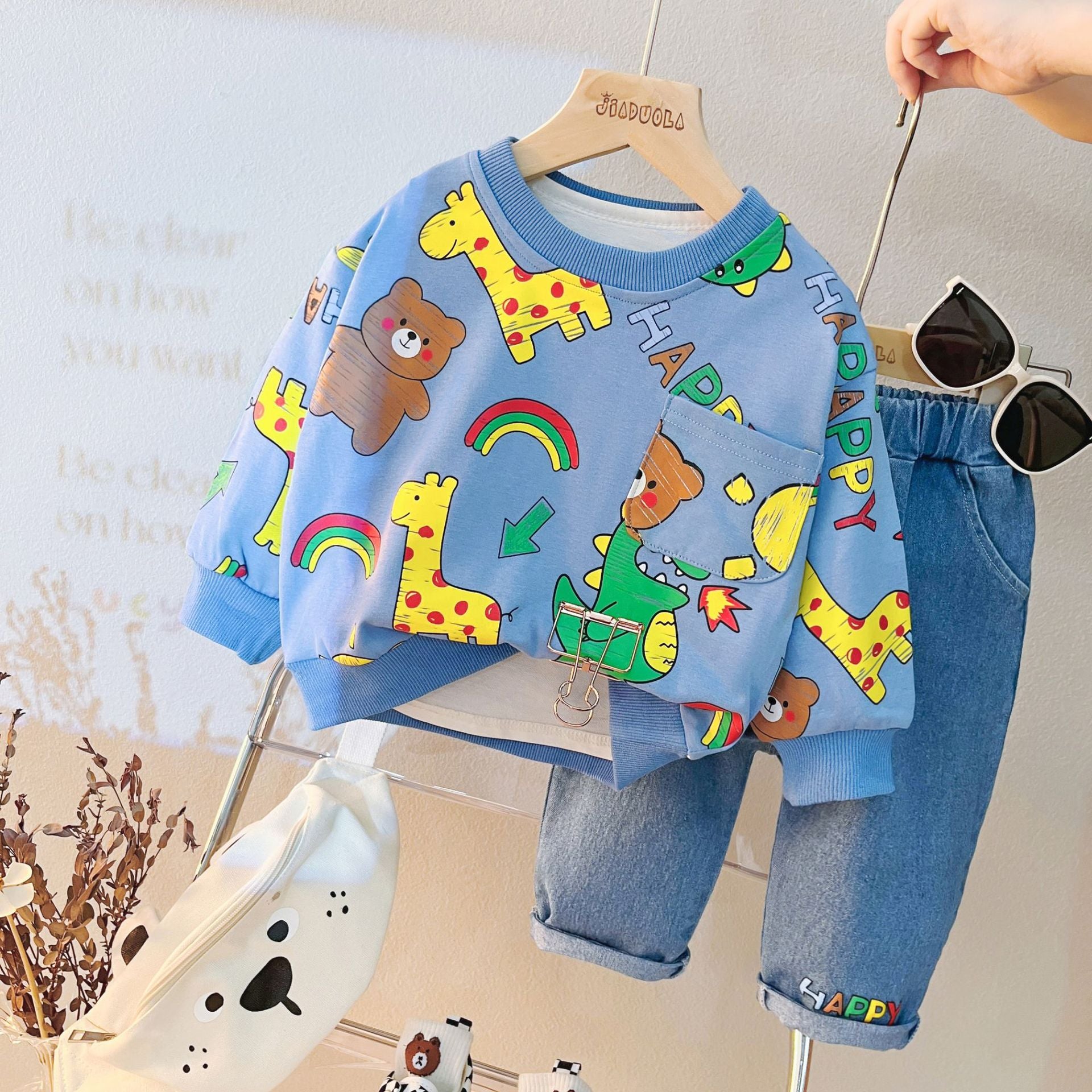 [340317] - Setelan Sweater Crewneck Celana Jeans Anak Cowok - Motif Various Animals