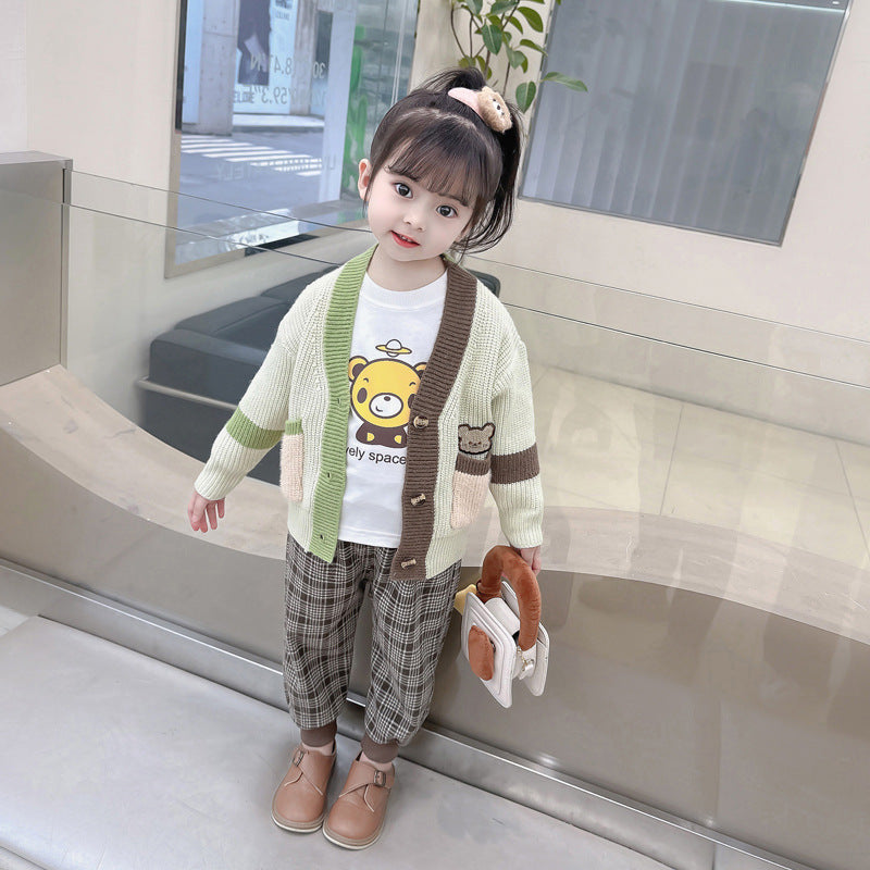 [340318] - Setelan 3 in 1 Jaket Cardigan Celana Jogger Anak Cewek - Motif Color Bear