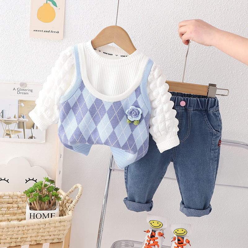 [340321] - Setelan 3 in 1 Sweater Rompi Celana Jeans Anak Perempuan - Motif Square Diamonds