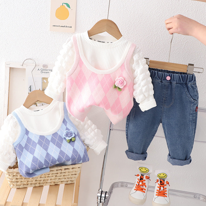 [340321] - Setelan 3 in 1 Sweater Rompi Celana Jeans Anak Perempuan - Motif Square Diamonds