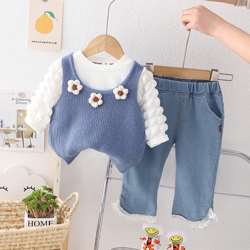 [340322] - Setelan 3 in 1 Sweater Rompi Celana Jenas Anak Perempuan - Motif Chest Flower