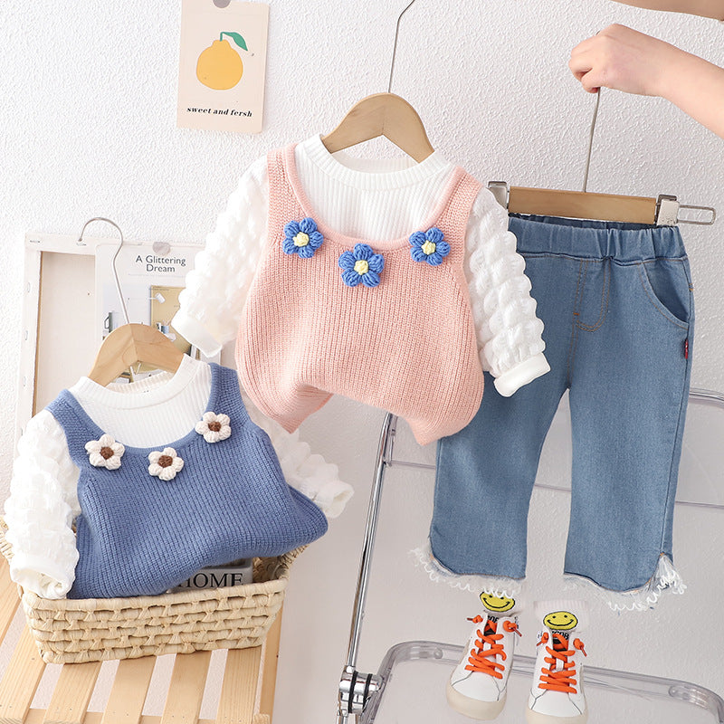 [340322] - Setelan 3 in 1 Sweater Rompi Celana Jenas Anak Perempuan - Motif Chest Flower