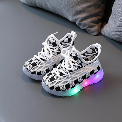 [343264] - Sepatu Knit Sneakers Tali Lampu LED Import Anak Cowok Cewek - Motif Chess Box