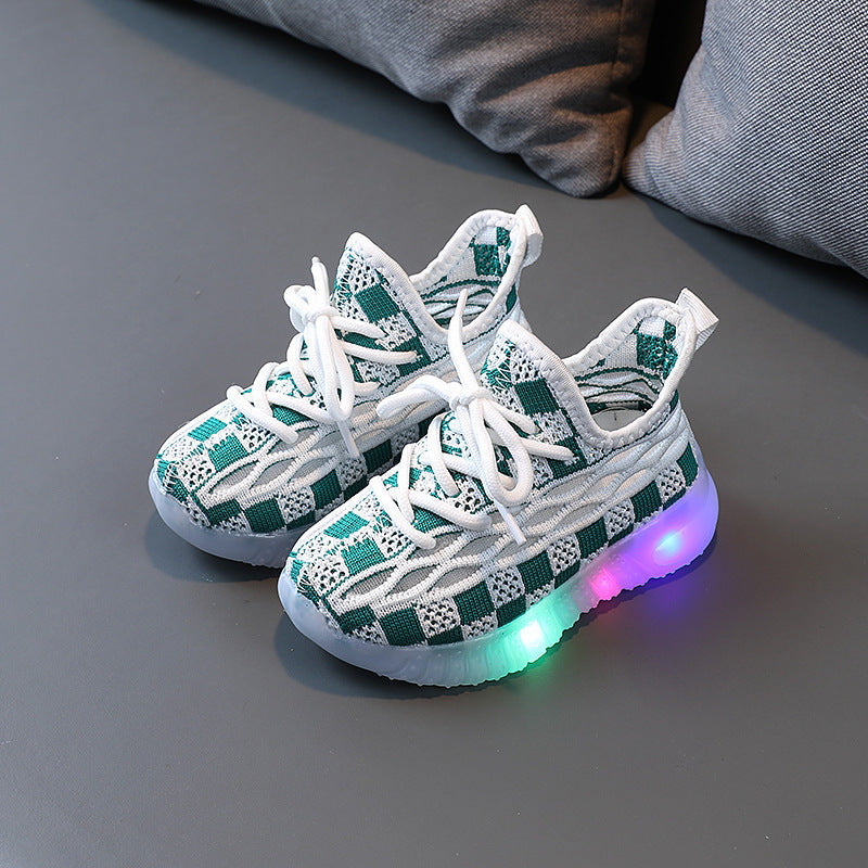 [343264] - Sepatu Knit Sneakers Tali Lampu LED Import Anak Cowok Cewek - Motif Chess Box