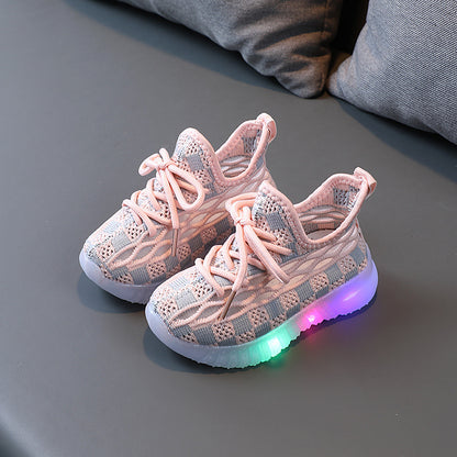 [343264] - Sepatu Knit Sneakers Tali Lampu LED Import Anak Cowok Cewek - Motif Chess Box