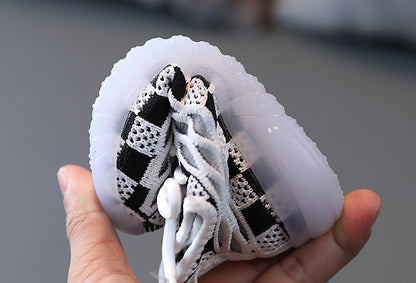 [343264] - Sepatu Knit Sneakers Tali Lampu LED Import Anak Cowok Cewek - Motif Chess Box