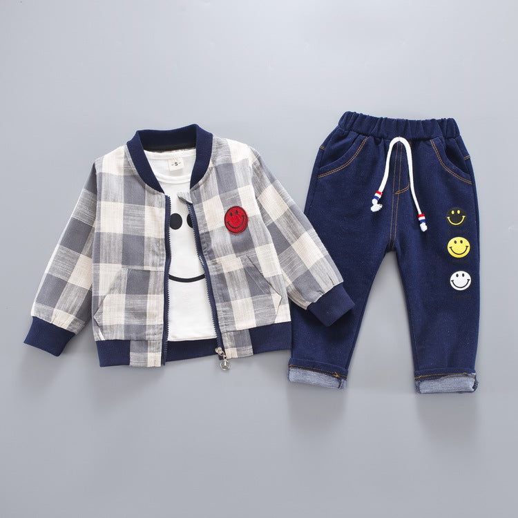 [345142-GRAY] - Setelan Anak 3 in 1 Casual Style / Setelan Anak - Motif Gingham Emoticon
