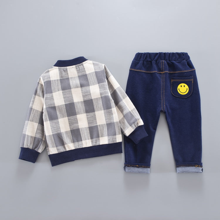 [345142-GRAY] - Setelan Anak 3 in 1 Casual Style / Setelan Anak - Motif Gingham Emoticon