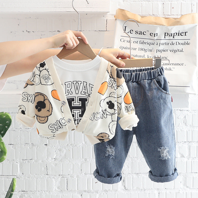 [345313] - Setelan 3 in 1 Kaos Jaket Cardigan Celana Jeans Sobek Anak Laki-Laki - Motif Smile Bear