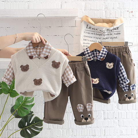 [345316] - Setelan Rompi Rajut Kemeja Celana Panjang Chino 3 in 1 Anak Laki-Laki - Motif Cute Bear