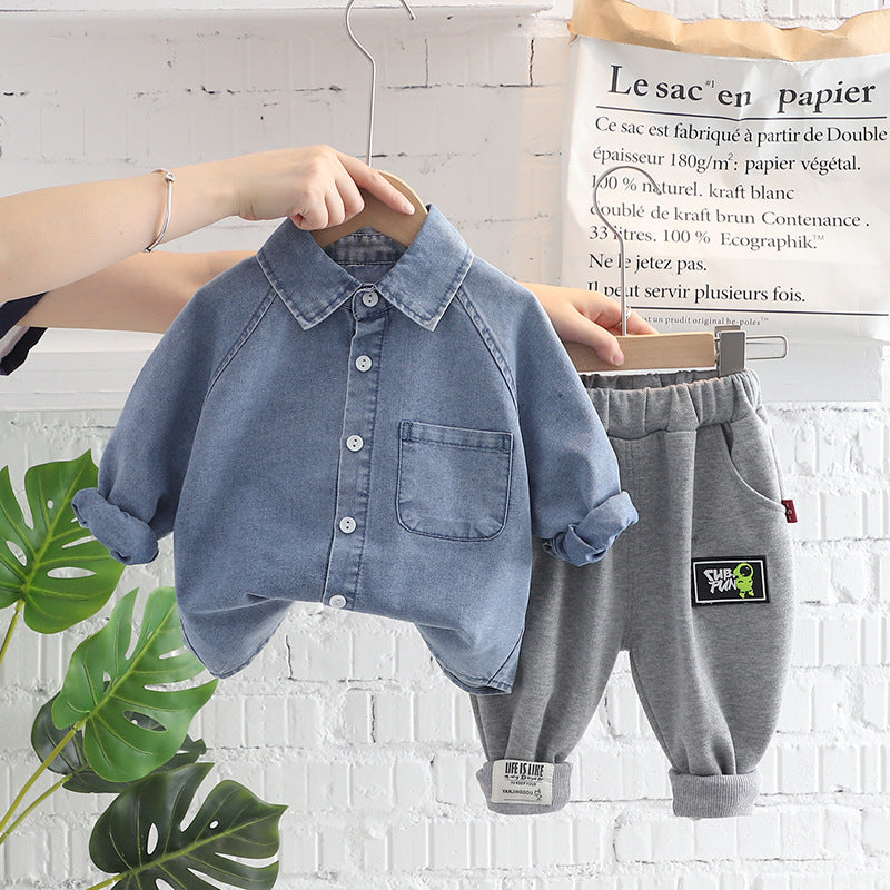 [345317] - Setelan Kemeja Denim Celana Panjang Jogger Anak Laki-Laki - Motif Plain Life