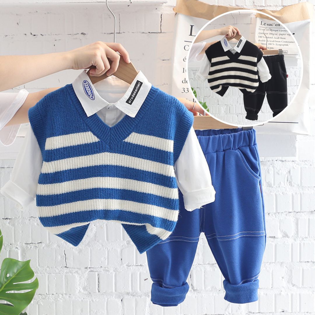 [345320] - Setelan 3 in 1 Rompi Rajut Kemeja Celana Panjang Jogger Anak Laki-Laki - Motif Plain Line